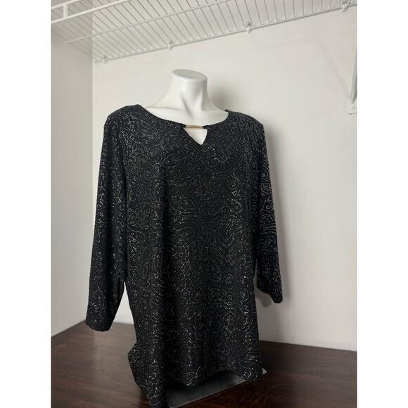 JM Collection Black, Sparkle Jacquard 3/4 Sleeve Blouse w/Detail on Neckline 3X - Picture 3 of 10
